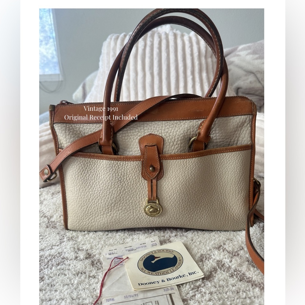 Vintage 1991 Dooney & Bourke AWL Satchel Original Receipt USA Cream Tan Leather